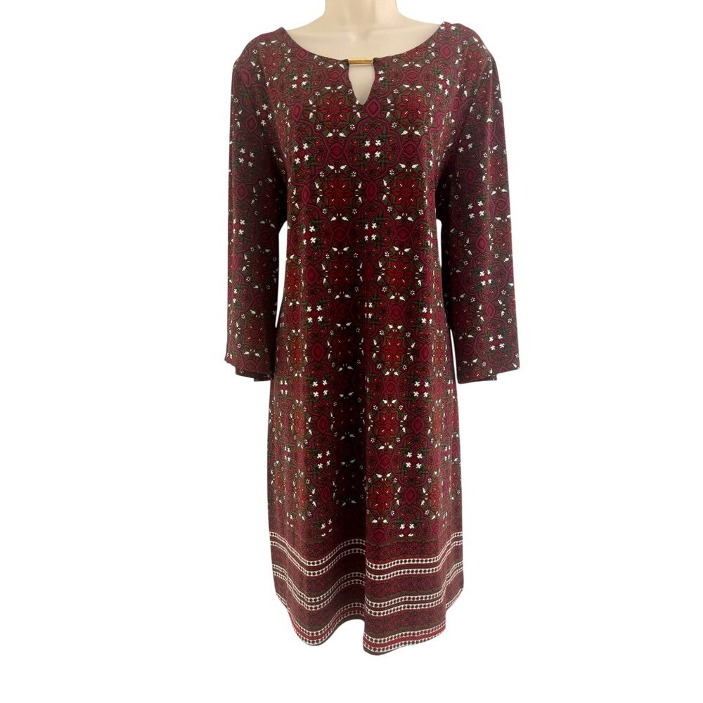 Tacera Gray‎ Rust Fuchsia Print Keyhole Midi Shift Dress Size 2X 18 20 Plus Sz